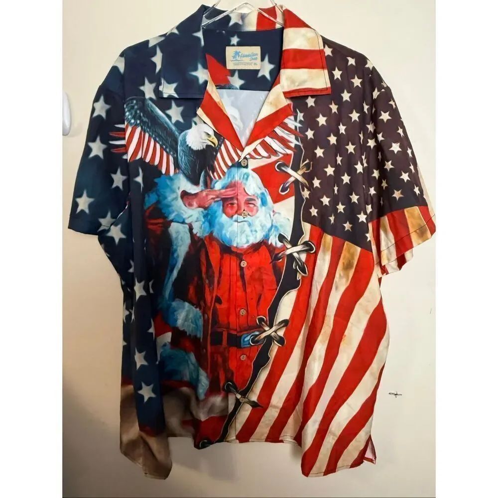 Hawalili Shirt Mens American Patriotic Santa Christmas Button-Up Size Holiday 4t
